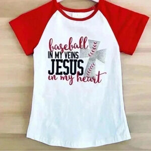 Girls Shirt Baseball In My Veins Jesus In My Heart Glitter Cross Jersey M (6-7)